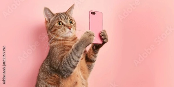 Fototapeta Playful cat taking a selfie on a white background, Posing with a smartphone in its paw, Against a vibrant pink backdrop