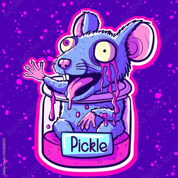 Fototapeta Insane and trippy neon rat in a jar surrounded by pink slime. Acid psychedelic stoner mouse trapped in a slimy container.