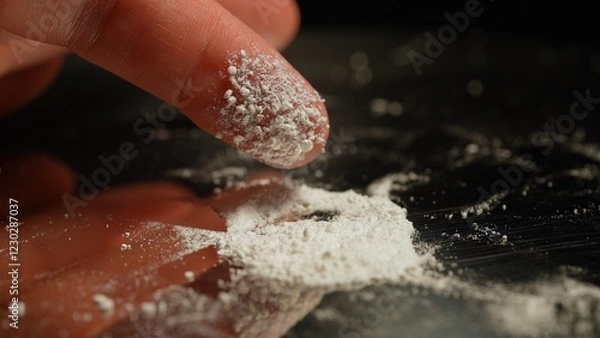 Fototapeta Person preparing illegal street drugs like white crystalline powder for consumption by snorting. Opioid epidemic is a major public health crisis leading to addiction, overdoses, and deaths.