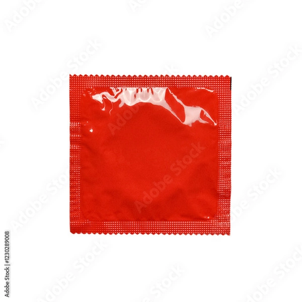 Obraz A vibrant red, sealed foil condom wrapper isolated on a transparent background, ideal for health, safe sex, and lifestyle-related stock photography. PNG