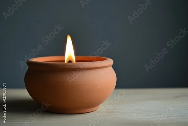 Fototapeta Warm Glow from a Clay Pot Candle Against a Dark Background in a Calm Setting
