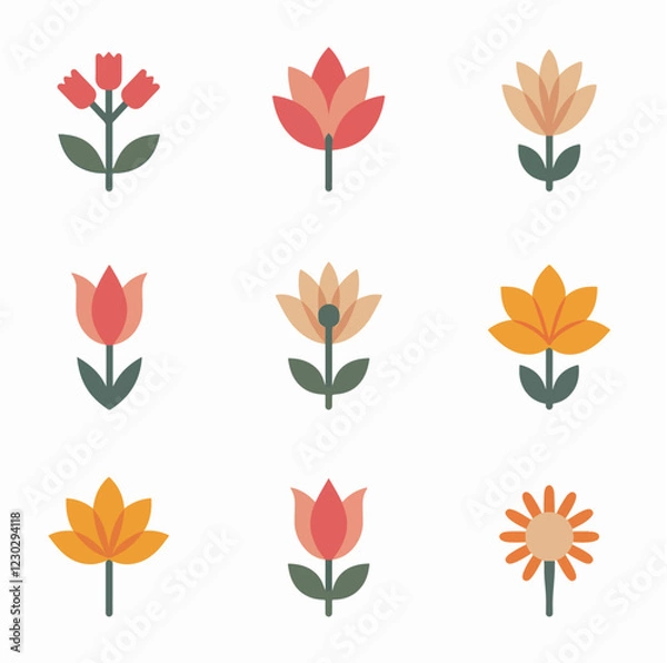 Obraz Flower spring clipart colorful set. Spring flowers drawing collection like daisy, tulip, jonquil, daffodil, chamomile and crocus clip art graphic elements. Vector illustration floral flat design.
