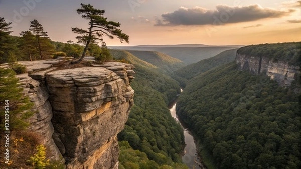 Obraz A breathtaking canyon scene at sunset features a dramatic cliff with a lone tree, overlooking a winding river and dense forest stretching into the hazy horizon.

