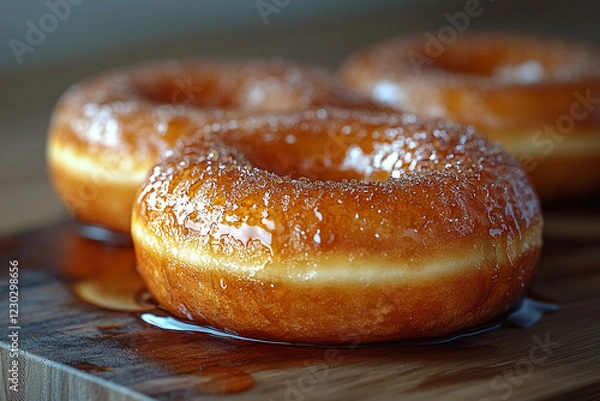 Fototapeta Three Honey Glazed Donuts On Wooden Board