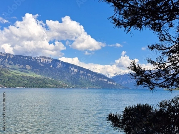 Obraz A lake in the Swiss Alps. The Blue Lake in Switzerland. Snow-capped mountains near the lake. Spring.