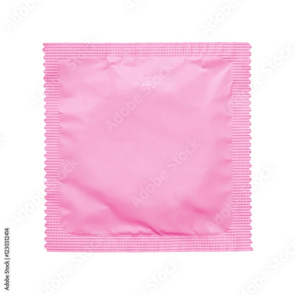 Obraz A vibrant matte pink sealed foil condom wrapper isolated on a clean white background, ideal for health, safe sex, and lifestyle-related stock photography