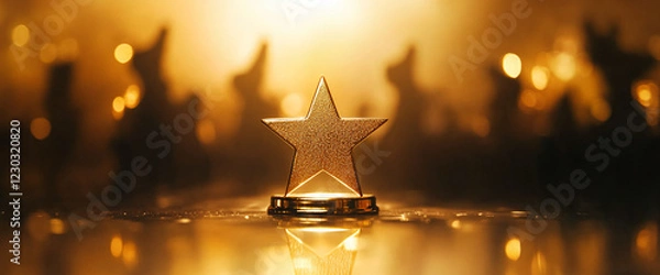 Obraz Golden star trophy on a reflective surface with a blurred festive background, symbolizing success, achievement, recognition, and excellence in awards and competitions
