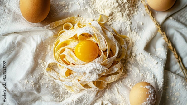 Fototapeta Tagliatelle all'uovo fresche posizionate su una tovaglia di lino bianco, con elementi di farina e un uovo