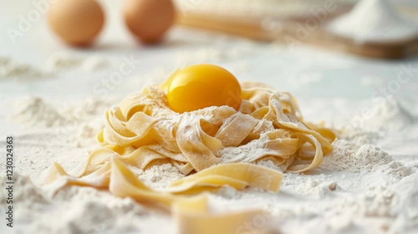 Obraz Tagliatelle all'uovo fresche posizionate su una tovaglia di lino bianco, con elementi di farina e un uovo