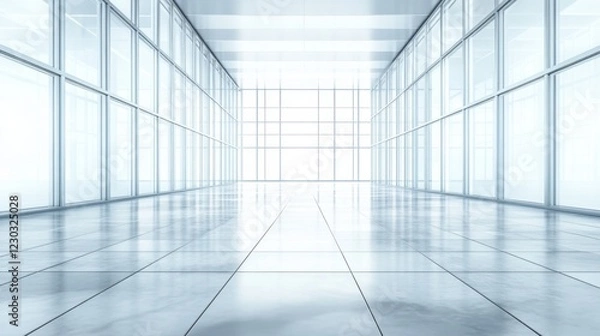 Fototapeta Modern Empty Office Corridor with Large Windows and Polished Tiles