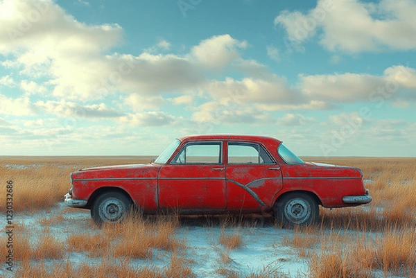 Fototapeta Rusted Red Classic Car in a Winter Field