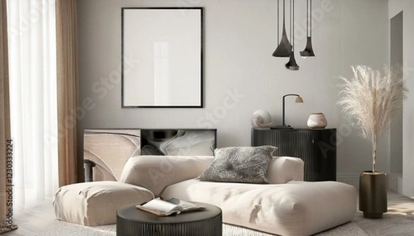 Fototapeta Mockup poster frame on the wall of living room. Luxurious apartment background with contemporary design. Modern interior design. 3D render, 3D illustration See Less