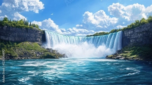 Obraz Majestic waterfall cascading, sunny sky, lush greenery, calm river.  Tourism brochure