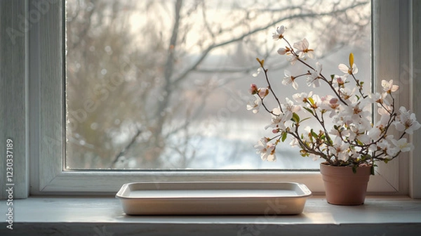 Fototapeta Minimalist Food Tray on Windowsill with Winter Landscape and Delicate Flowers, Perfect for Advertisement