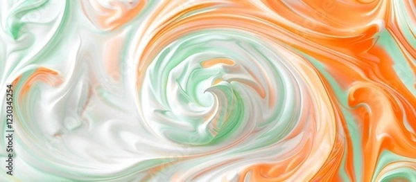 Fototapeta Soft pastel swirls of orange and mint green on a solid white background.