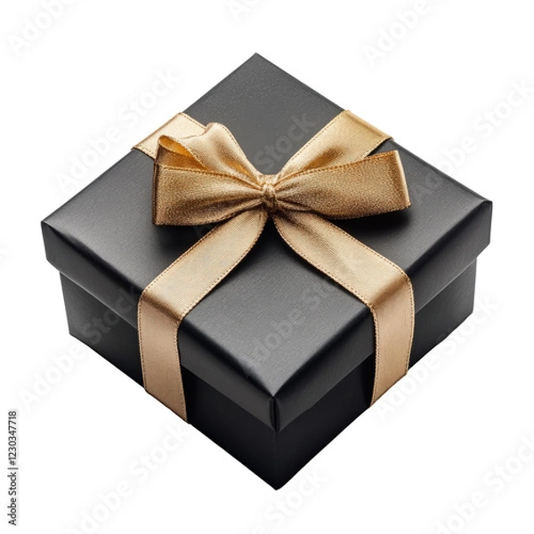 Fototapeta Isolated Black Gift Box with Matte Gold Ribbon, Stylish Presentation