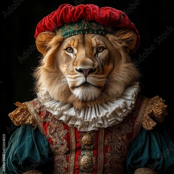 Fototapeta Image depicts a lion-human hybrid figure dressed in Renaissance clothing, with speech-like features and ornate doublet The background is dark, contrasting the lifelike yet fantastical - AI-generated