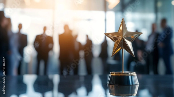 Obraz Close-up of a golden star trophy on a table in an office, with blurred business people in the background, symbolizing success, achievement, and recognition in the workplace.