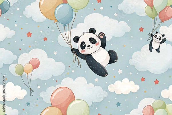 Fototapeta wallpaper with panda flying on balloons in the sky - seamless pattern for your design
