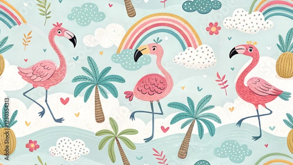 Fototapeta colorful seamless pattern for kids with flamingo

