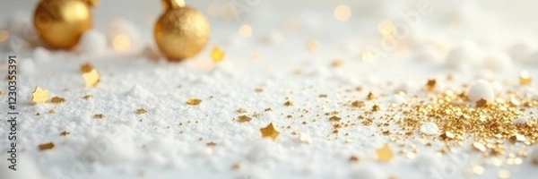 Fototapeta Sparkling gold glitter confetti scattered on a snowy white background, festive holiday decor, holiday ornaments, gold glitter confetti