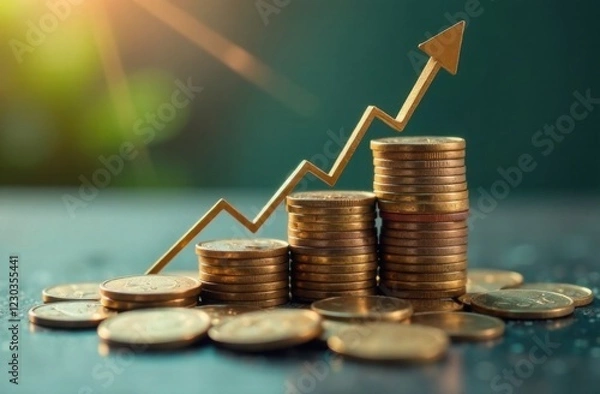 Fototapeta Money rise percentage interest increase finance value on 3d background with growth financial business profit economy rate concept. 