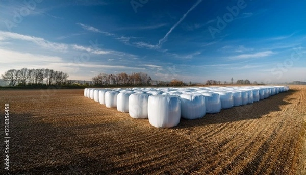 Fototapeta large plastic wrapped bales of hay stacked in rows on a modern farm ground agriculture agricultural machinery hay storage
