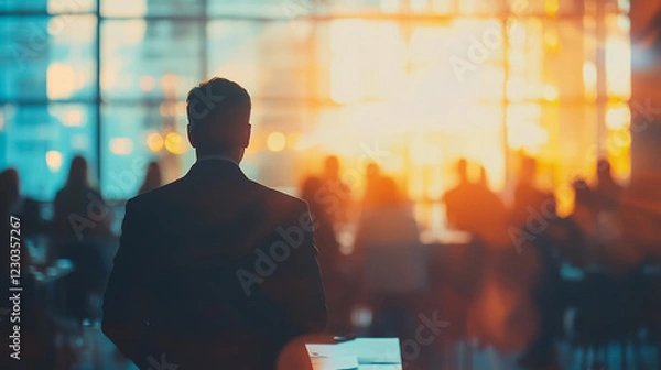 Obraz Business people meeting and working while a business executive lead presenter speaks to a group of successful technology entrepreneurs, consultant advisor growth training lecture, defocused blurred.