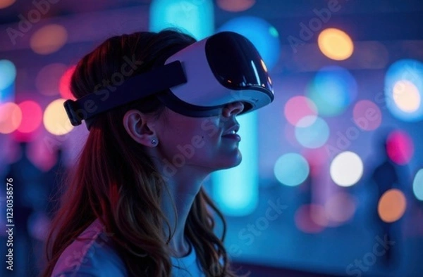 Fototapeta Portrait of amazed young woman in a VR headset explores the metaverse's virtual space. Gaming and futuristic entertainment concept. High quality photo