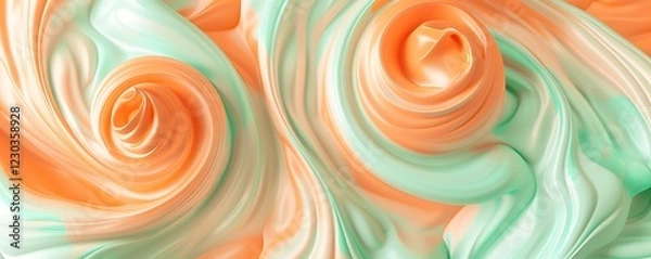 Fototapeta Soft pastel swirls of orange and mint green on a solid white backdrop.
