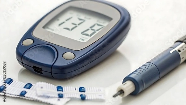Fototapeta Close-Up of Blood Glucose Meter, Test Strips, and Insulin Pen for Diabetes Monitoring