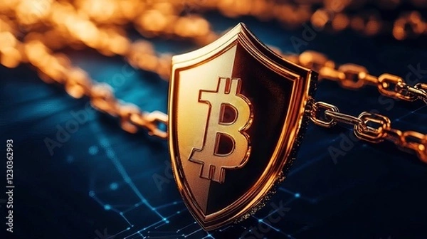 Fototapeta A golden Bitcoin shield rests on a digital background, symbolizing security and value in cryptocurrency.