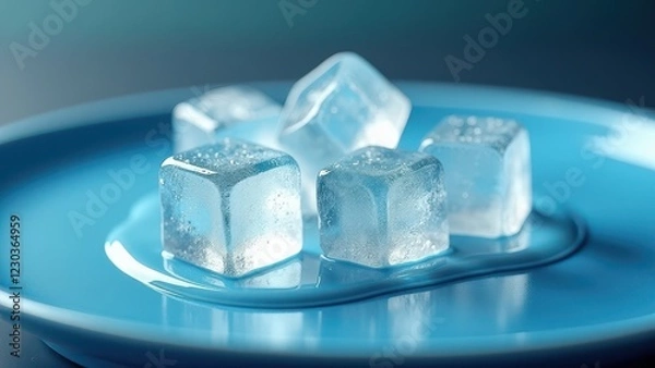 Fototapeta Fresh ice cubes melting on a blue plate with scattered water droplets and reflections	