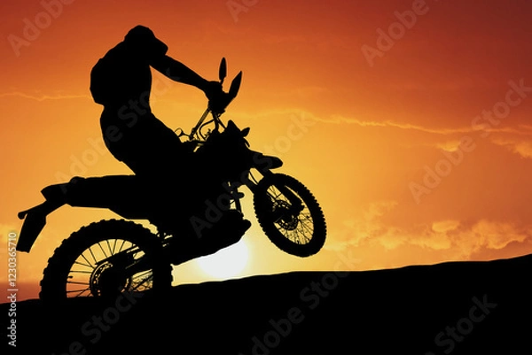 Fototapeta Sunset Motocross Silhouette: A powerful silhouette of a motocross rider performing a wheelie against a vibrant sunset backdrop.  The image captures the thrill and excitement of extreme sports.