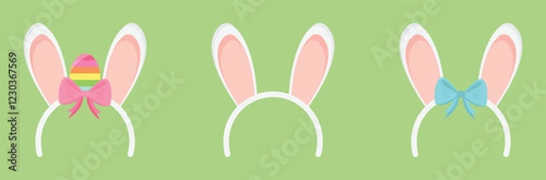 Fototapeta Set of hoops with bunny ears and Easter eggs. Hoops with bow on green background. Holiday hat for party. Vector elements eps.