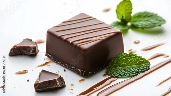 Fototapeta A minimalist breakable chocolate cube with a matte finish, surrounded by fresh mint leaves and caramel drizzle, isolated on white background
