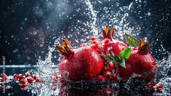 Fototapeta Fresh pomegranates with water droplets and scattered seeds on a dark background. Vibrant colors, dramatic splashes, and macro photography create a juicy, dynamic composition
