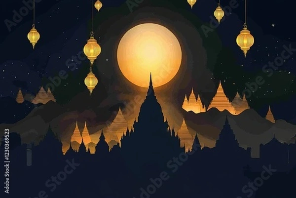 Fototapeta Illuminated lanterns over ancient temple silhouette