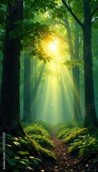 Fototapeta Light shines through the forest's leafy canopy, light, tree, forest