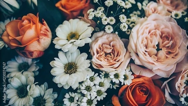 Fototapeta Close-Up of Peonies and Chrysanthemums in Soft Warm Hues for Elegant Floral Design