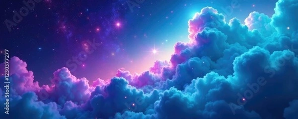 Fototapeta Swirling clouds of turquoise and purple blend with starlight, galaxy, turquoise