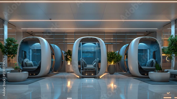 Fototapeta Modern futuristic office with innovative pod chairs, High-tech workspace with relaxation pods and greenery