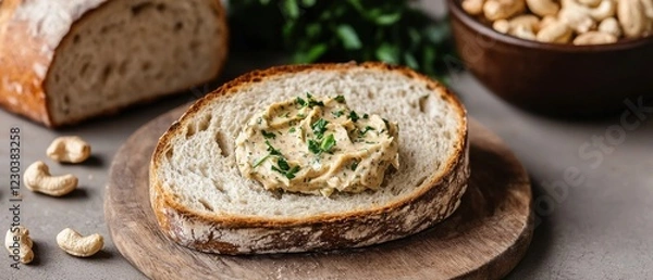 Fototapeta A slice of bread topped with a creamy spread and garnished with herbs, accompanied by nuts, creating a rustic and appetizing snack.
