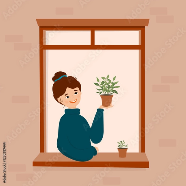 Obraz The girl is standing at the window with a flower pot in her hands. The young lady is engaged in her favorite hobby - gardening. Home garden, growing indoor plants. Flat vector illustration
