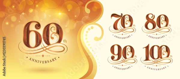 Obraz Set of 60 to 100 years Anniversary logo design, Sixty to Hundred years Celebrating Anniversary Logo, Gold curved lines dots Elegant Classic Logo, 60,70,80,90,100, Luxury  numbers for Congratulation