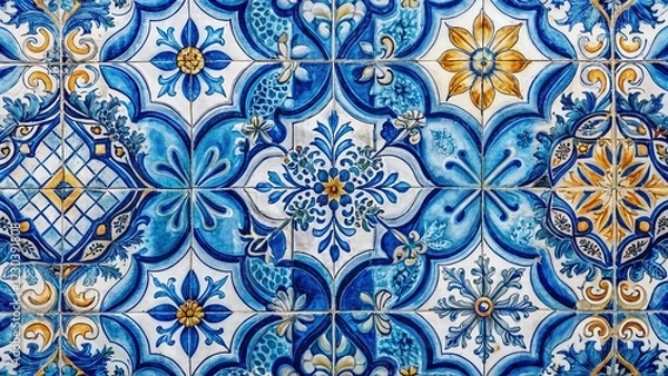 Obraz Portuguese Azulejo Tiles Watercolor Landscape: Indigo Geometric Pattern Background