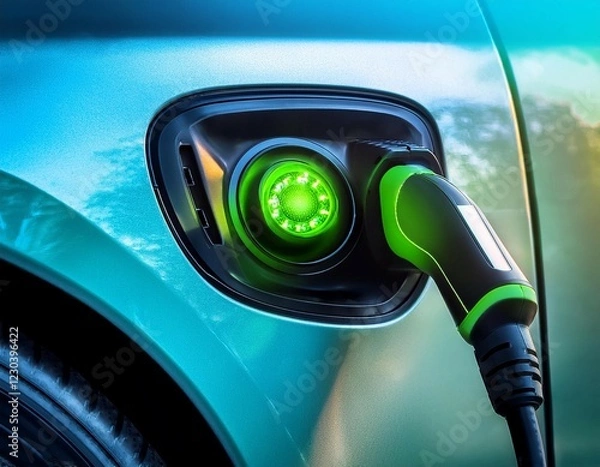 Fototapeta close up of an electric vehicle charging plug with a green glowing indicator