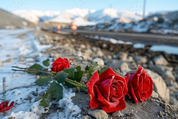 Fototapeta Red roses lie on a rocky, snowy path, capturing a moment of beauty amid a cold landscape. Hope Amidst the Snow, Silent Growth