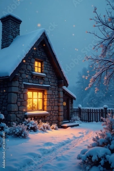Fototapeta Cozy stone cottage with a snowy roof and twinkling lights in the window, winter, cottage, rustic
