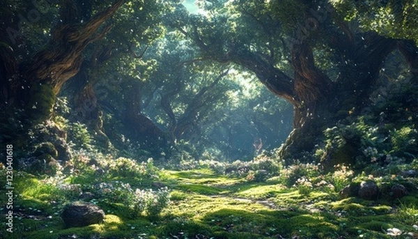 Fototapeta Sunlit path through a magical forest with moss, flowers, and ancient trees.